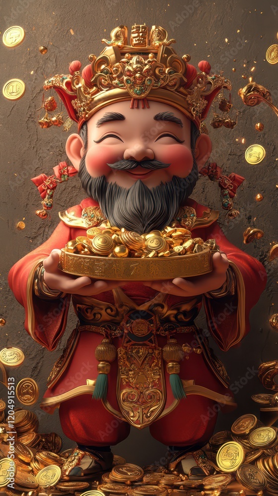 Smiling God of Wealth Holding Gold Ingots, Prosperity with Scattered Coins Smiling God of Wealth Holding Gold Ingots, Prosperity with Scattered Coins
