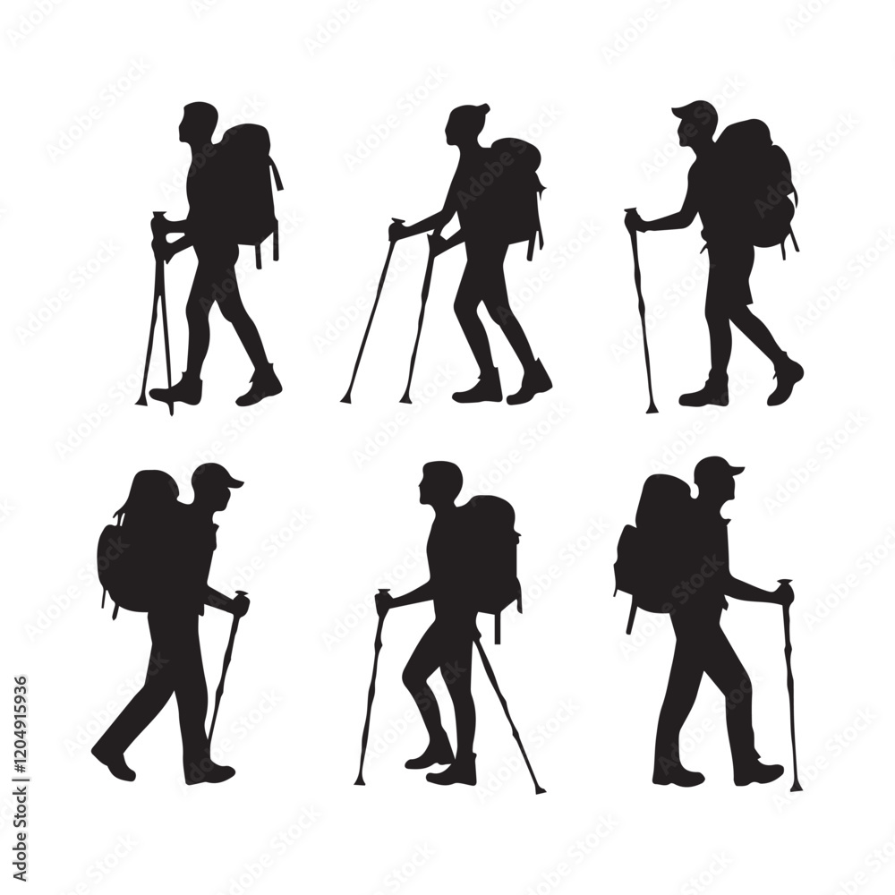 Obraz premium Set of silhouette of Hiking man. hikers with rucksacks and backpack silhouette.