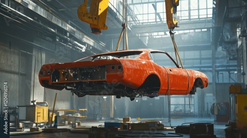 Classic Car Restoration: A Vintage Muscle Car Suspended in a Factory