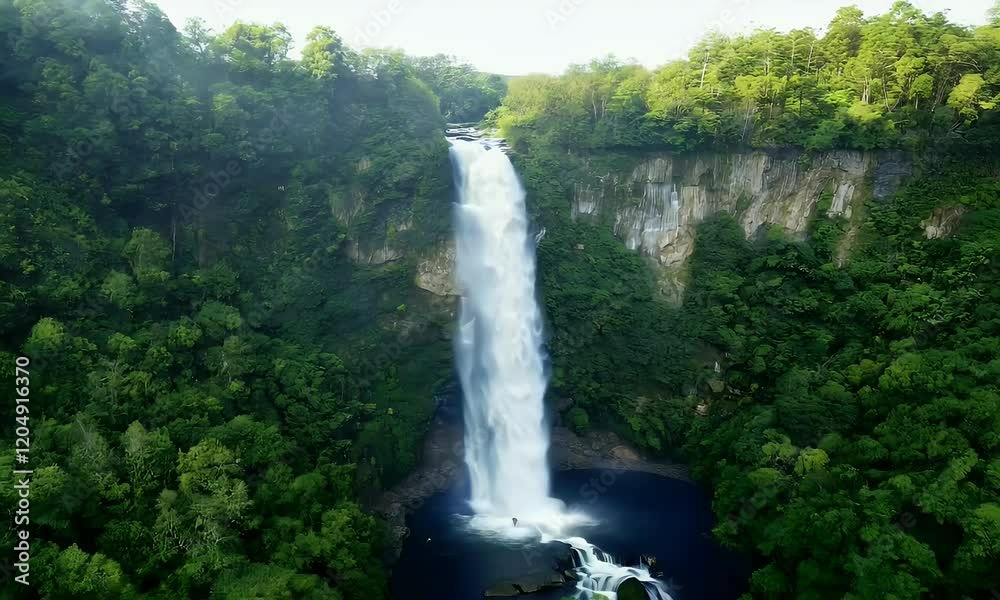 Aerial shot of a waterfall cascading through lush green rainforest surrounded by sunlight and tropical trees, creating a scenic and tranquil landscape for travel.