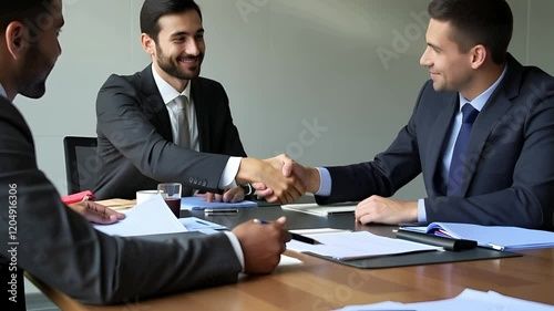 Two parties represented by business professionals reviewing, signing contract at conference table during negotiation, shake hands as gesture of mutual respect, finalize successful completion of deal