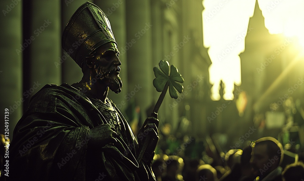 Fototapeta premium St. Patrick statue with shamrock, crowd, Dublin city sunset, Irish celebration, historical landmark