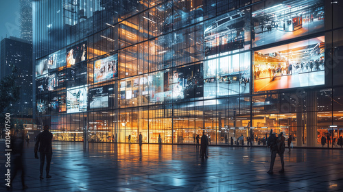 Modern cityscape at night with glass building displaying digital screens, glowing storefronts, and silhouettes of people