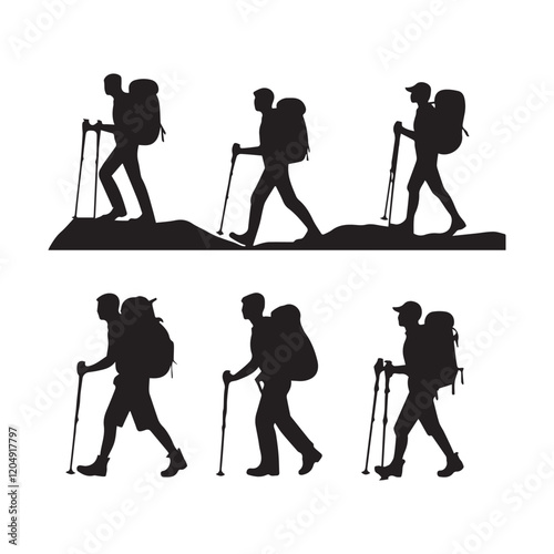 Set of silhouette of Hiking man. hikers with rucksacks and backpack silhouette.