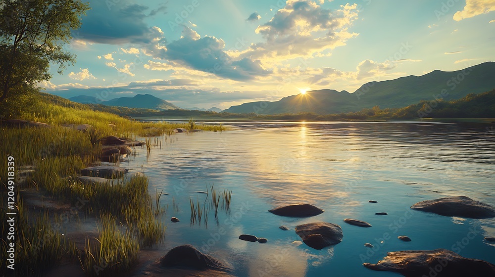 Fototapeta premium Tranquil Sunset Over a Serene Lake with Mountainous Backdrop