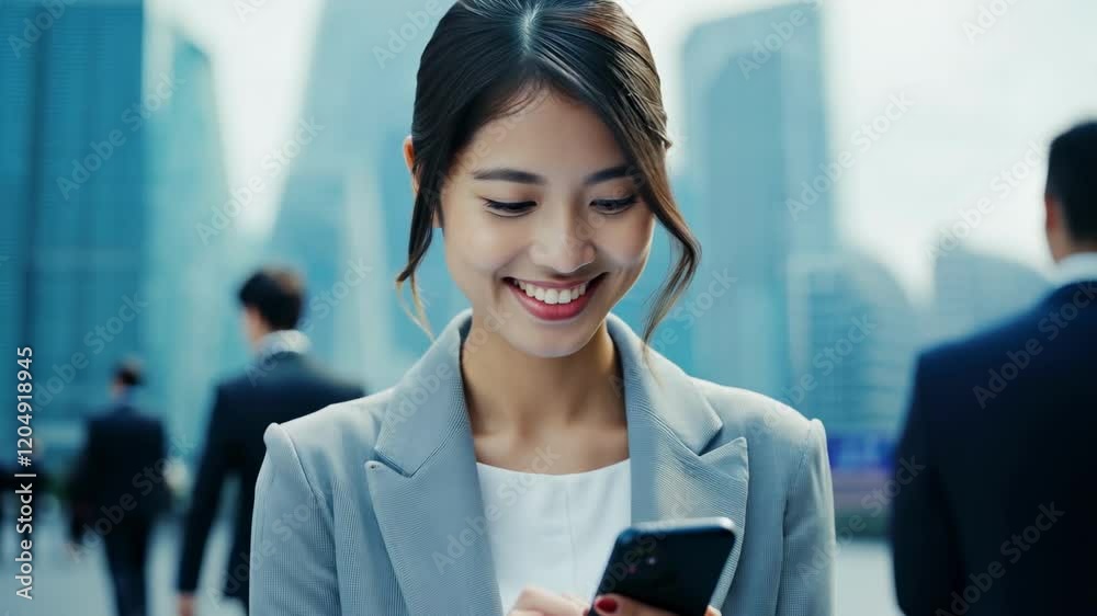 A smiling Asian businesswoman with a smartphone in the center of the city's business district. This cheerful businesswoman radiates success, inspiring others with her story. A smiling Asian businesswoman with a smartphone in the center of the city's business district. This cheerful businesswoman radiates success, inspiring others with her story.
