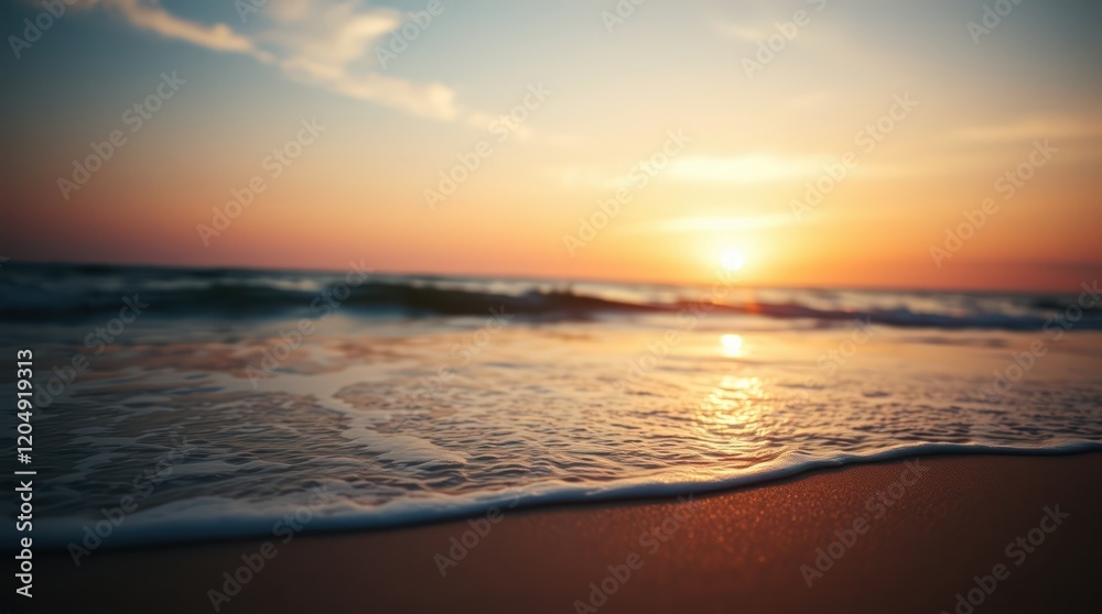 Sunset paints the ocean and sky with vibrant hues of orange and red as waves crash against the sandy beach Sunset paints the ocean and sky with vibrant hues of orange and red as waves crash against the sandy beach