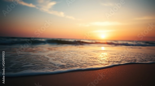 Sunset paints the ocean and sky with vibrant hues of orange and red as waves crash against the sandy beach