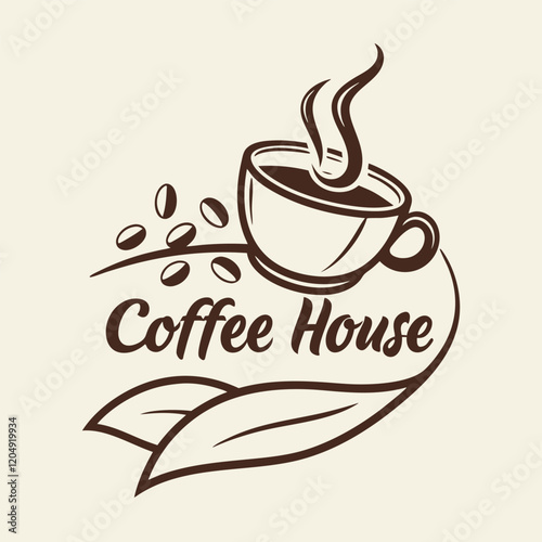 Coffee illustration steaming cup, coffee beans trail rustic design, brown monochrome, minimalist logo, café branding, home-style comfort, organic curves, vintage aesthetics, warm to