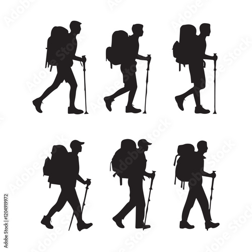 Set of silhouette of Hiking man. hikers with rucksacks and backpack silhouette.