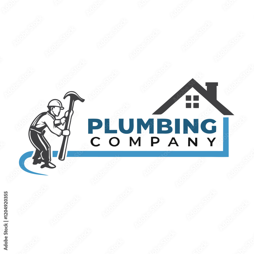 Repair and service plumbing symbol, Plumbing company logo, silhouette of plumber with wrench, stylized house icon, blue and gray color scheme, professional design, Repair and service plumbing symbol, Plumbing company logo, silhouette of plumber with wrench, stylized house icon, blue and gray color scheme, professional design,
