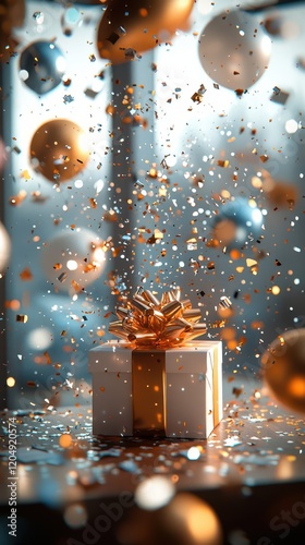 Golden Gift Box with Falling Confetti in Celebration Scene