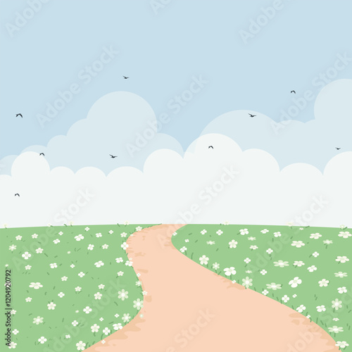 Cute kawaii flower meadow with sky landscape background