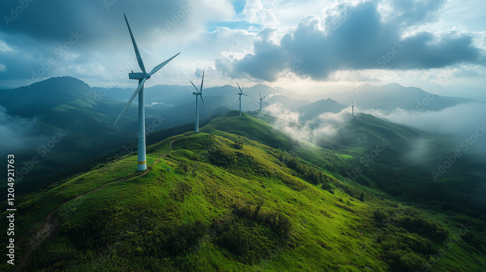 Wind turbines on a lush, green hill under a cloudy sky Wind turbines on a lush, green hill under a cloudy sky