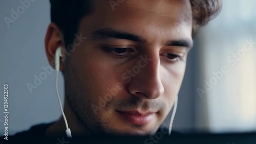 Young Caucasian man with headphones in front of laptop at home. Online education. A focused young man navigates his online course, eager to learn from home.