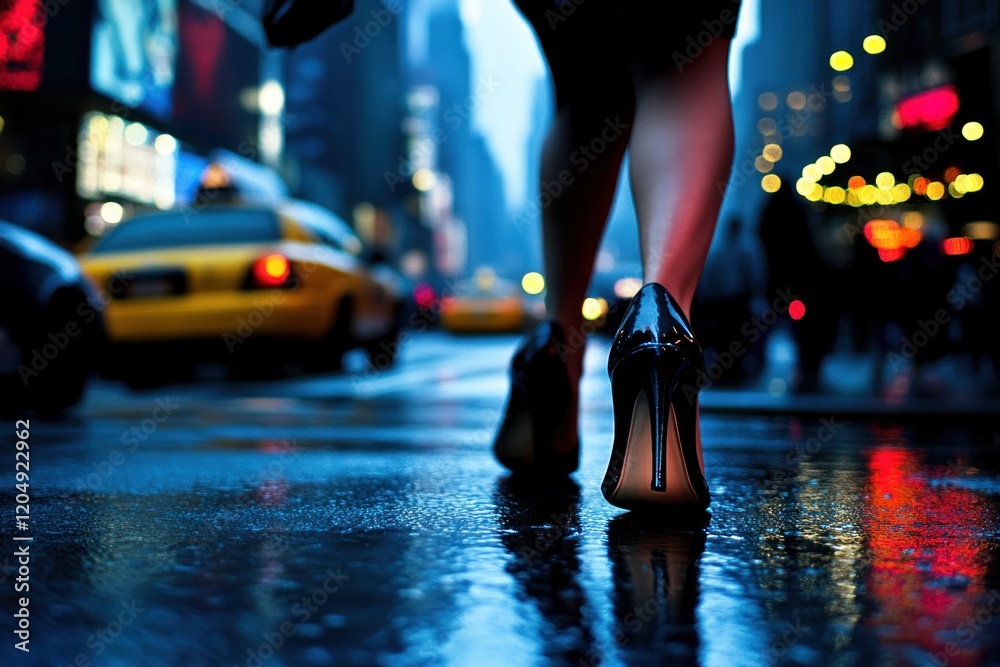 Obraz premium Night City Stroll: A Woman's Walk in the Rain