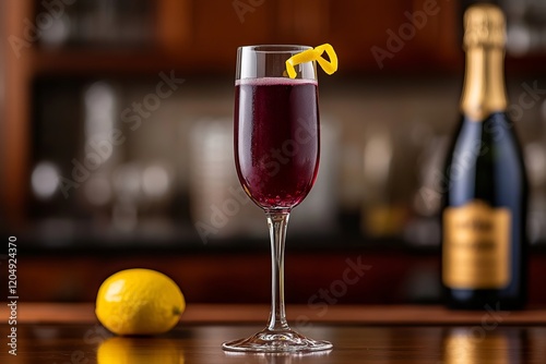 A classic Kir Royale served in a champagne flute, with deep purple cassis liqueur and bubbly champagne.Sparkling wine cocktail.Kir royale.Classic kir royale.Champagne cocktail.