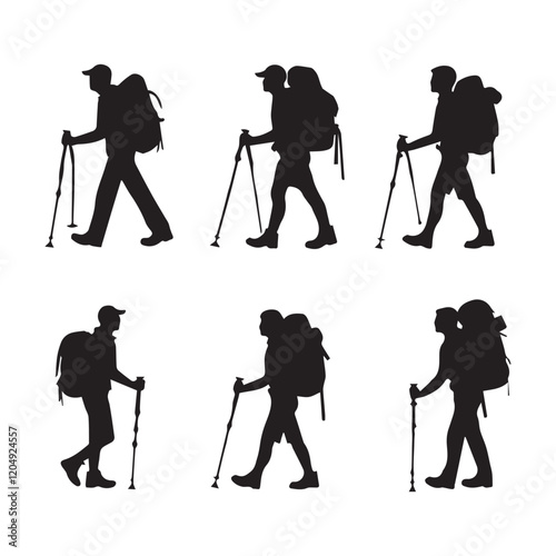 Set of silhouette of Hiking man. hikers with rucksacks and backpack silhouette.