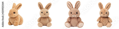 Cute and fluffy plush bunny toys in a variety of sitting poses on a plain white background  These soft stuffed animal figures make for charming natural looking or gifts for children holidays