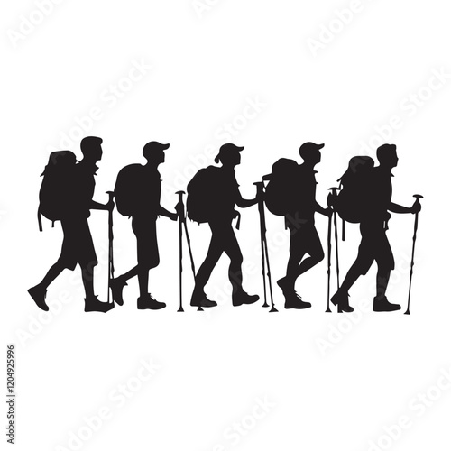 Set of silhouette of Hiking man. hikers with rucksacks and backpack silhouette.