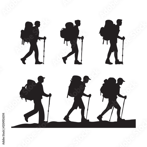 Set of silhouette of Hiking man. hikers with rucksacks and backpack silhouette.