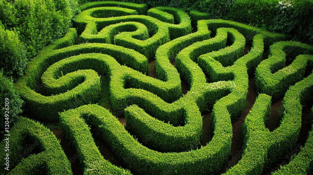 Aerial view of an intricate hedge maze with sharp corners and winding paths, framed by tall trees. Aerial view of an intricate hedge maze with sharp corners and winding paths, framed by tall trees.
