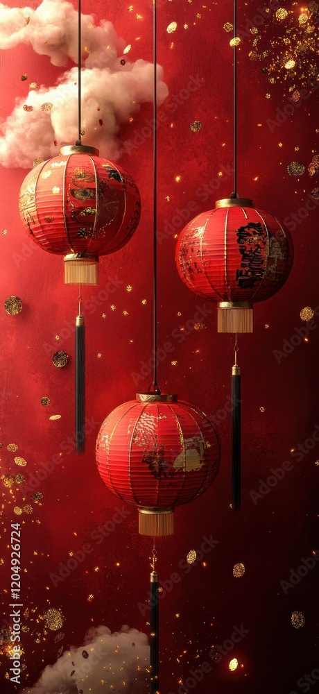 Red Lanterns Hanging with Festive Glitter Background