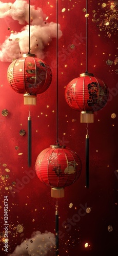 Obraz na płótnie Red Lanterns Hanging with Festive Glitter Background w salonie