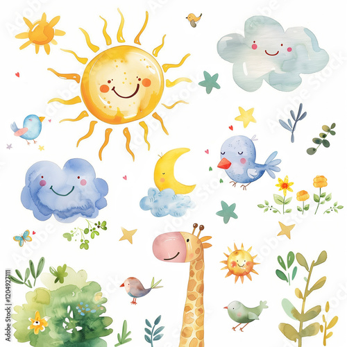 A cheerful collection of whimsical elements featuring a smiling sun, clouds, birds, and flowers, perfect for a playful and bright design