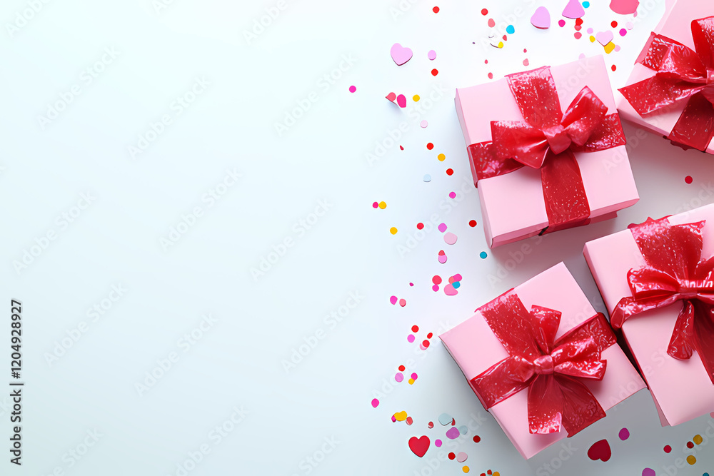 gift boxes with ribbon and colorful confetti. valentines day concept.