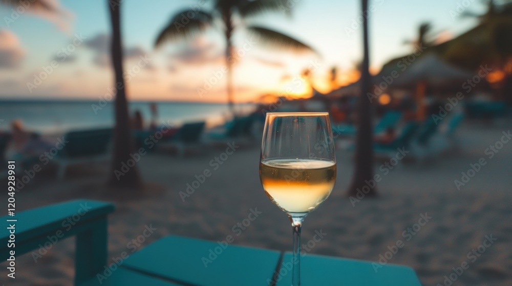 Obraz premium Wine glasses sit elegantly on a table as the sun sets over the beach, inviting relaxation and enjoyment in a tranquil setting