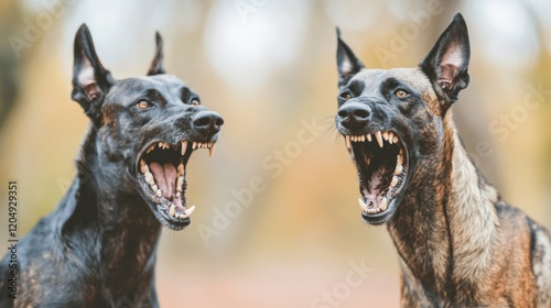Two aggressive dogs are face-to-face, snarling with bared teeth, ready to confront each other in a forest environment
