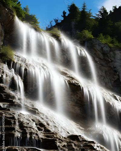 waterfall, valley, butterflies, peaceful nature, green forest, flowing river, calm place, scenic valley, blooming flowers, relaxing spot, natural beauty, lush greenery, quiet trails, colorful butterfl photo