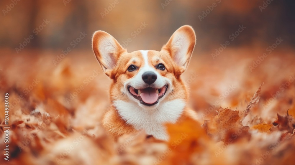 Welsh Corgi happily explores a blanket of vibrant autumn leaves, surrounded by beautiful fall colors under soft sunlight Welsh Corgi happily explores a blanket of vibrant autumn leaves, surrounded by beautiful fall colors under soft sunlight