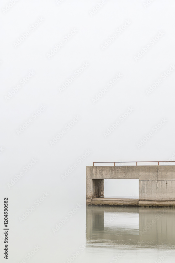Obraz premium Serene concrete pier extending into misty calm waters at sunrise