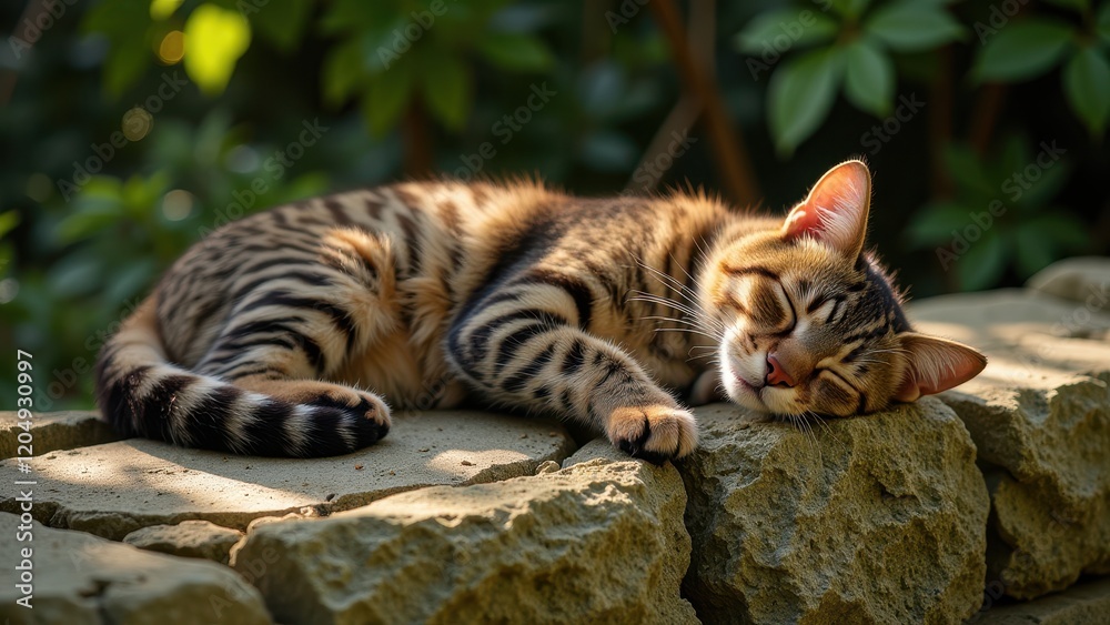 Fototapeta premium A serene Bengal kitten naps on a stone wall, one eye peeking from beneath soft fur, embodying peaceful slumber in a picturesque setting