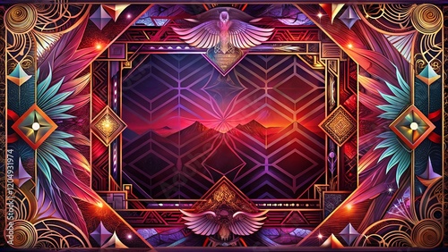 Art Deco Sunset Frame with Mystical Landscape Elements