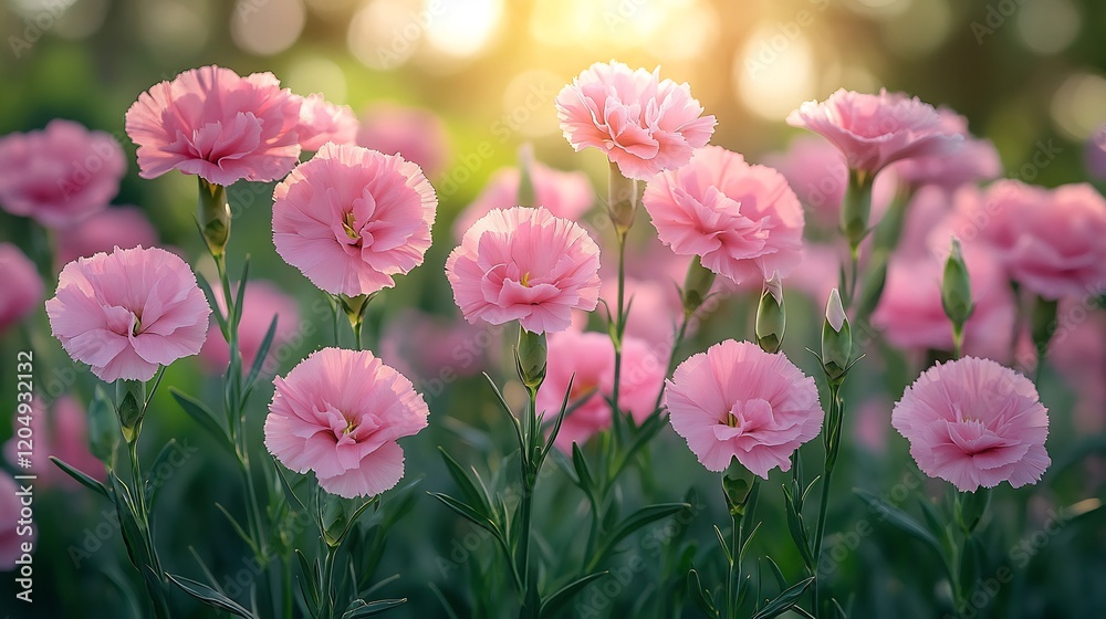 Outdoor garden filled pink carnations in bloom lush green foliage bright sun Outdoor garden filled pink carnations in bloom lush green foliage bright sun