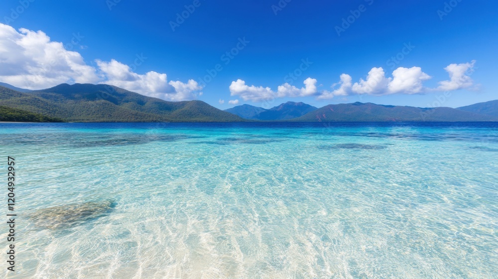 Vibrant tropical beach with crystal clear water gently lapping the shore, framed by lush mountains and fluffy clouds on a sunny day Vibrant tropical beach with crystal clear water gently lapping the shore, framed by lush mountains and fluffy clouds on a sunny day