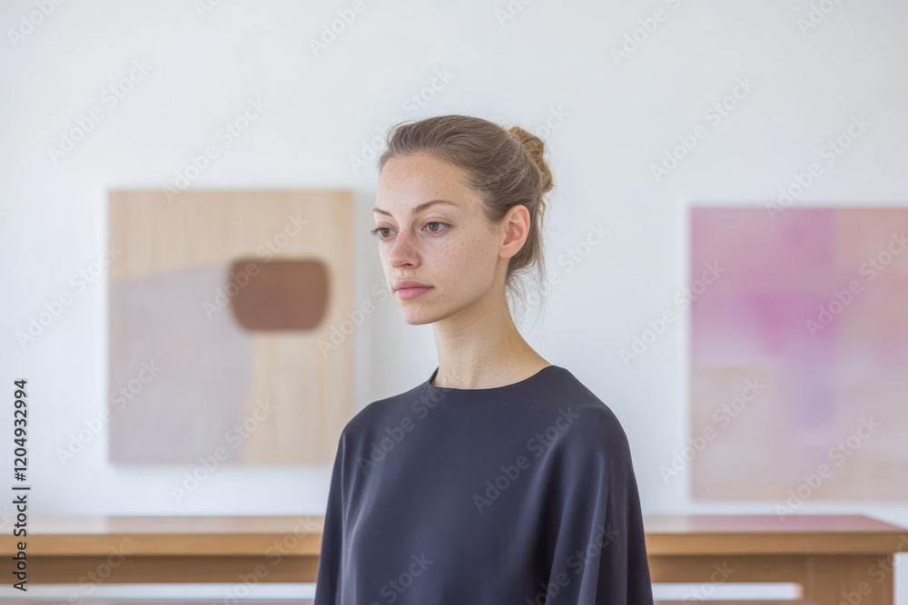 Young woman stands thoughtfully in modern art gallery with abstract paintings background Young woman stands thoughtfully in modern art gallery with abstract paintings background