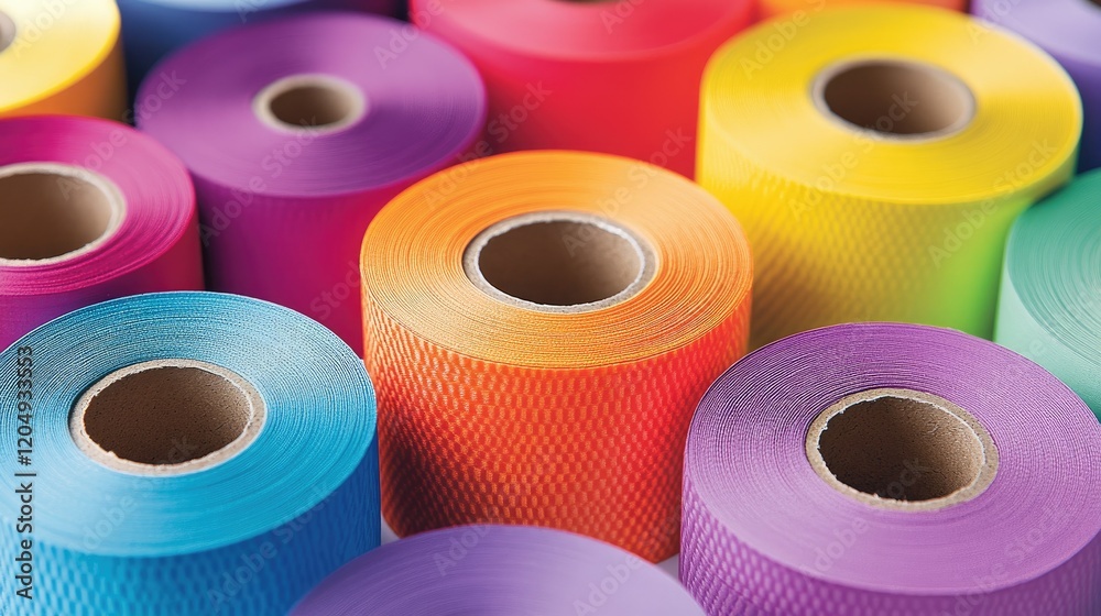 A close-up of the edges of stacked adhesive tape rolls in various vibrant colors. A close-up of the edges of stacked adhesive tape rolls in various vibrant colors.