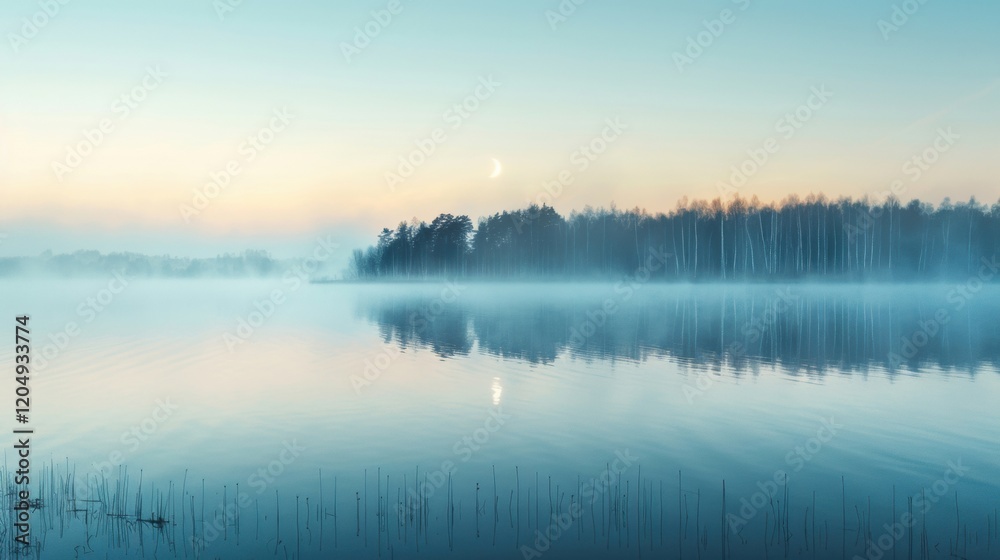 Fototapeta premium A tranquil lake shrouded in mist mirrors a crescent moon as twilight descends, creating a peaceful atmosphere with soft colors