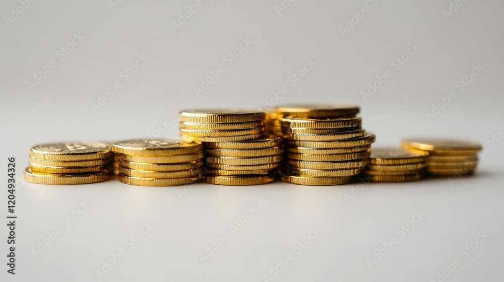 A collection of shiny golden bitcoin coins stacked neatly on a white background, symbolizing cryptocurrency wealth. A collection of shiny golden bitcoin coins stacked neatly on a white background, symbolizing cryptocurrency wealth.