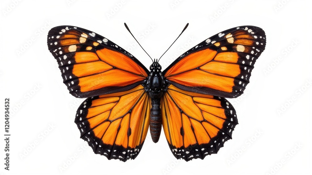 Fototapeta premium Centered against a pristine white backdrop, an exquisite Monarch butterfly unfurls its vibrant orange and black wings, dotted delicately with white, capturing the essence of nature's artistry