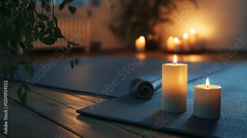 A serene meditation corner with candles and a yoga mat, symbolizing mindfulness and self-care, Meditation scene