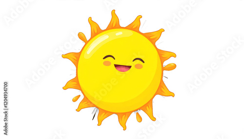 Smiling yellow sun with orange rays and drips, transparent background