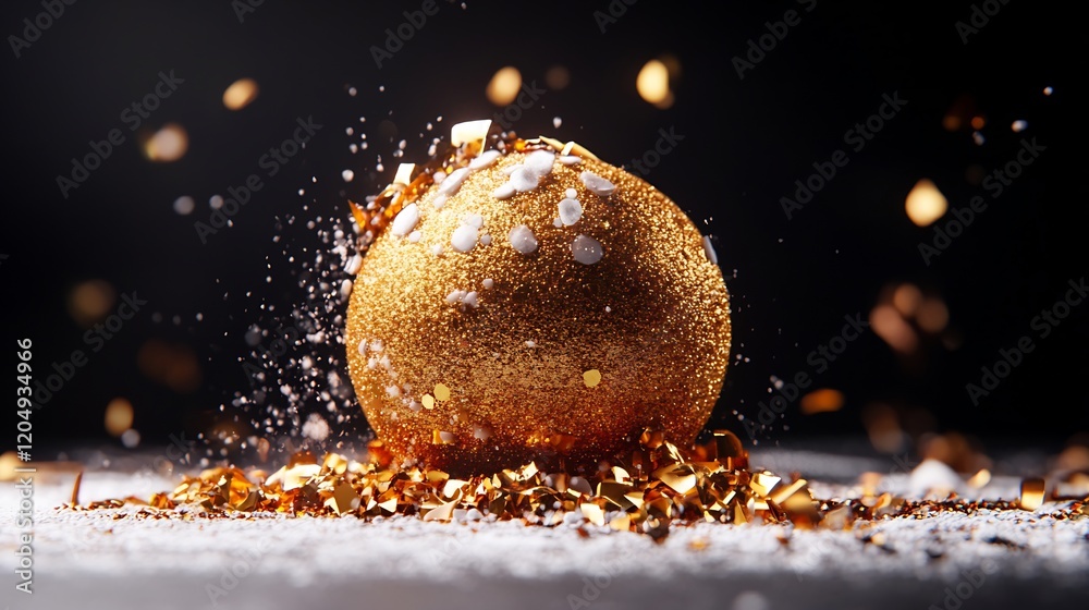 Golden bauble explodes softly against dark background sparkling confetti surrounds. AI Generated Golden bauble explodes softly against dark background sparkling confetti surrounds. AI Generated
