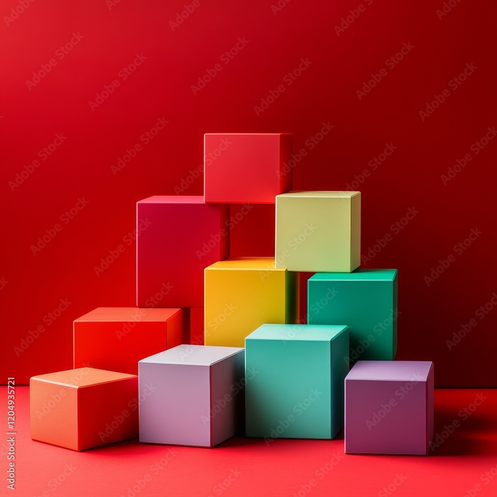 Colorful cubes on red background. 3d render. Business concept. Colorful cubes on red background. 3d render. Business concept.