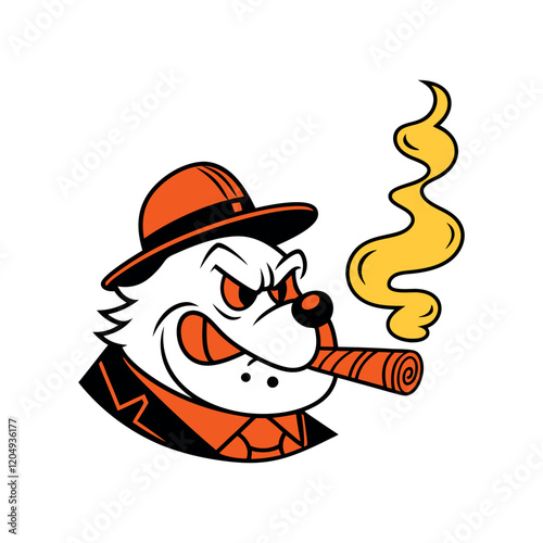 Cartoon bulldog character, detective hat, cigar in mouth, grumpy expression