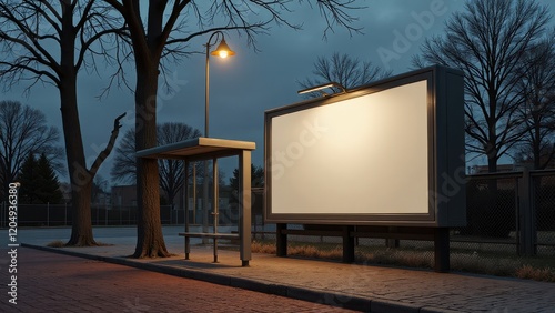 Close-up of a large rectangular billboard at a bus stop, framed in black with a luminous white screen, glows under a sleek black light from above.   photo